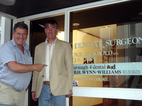 Lindsay outside Bernard Wynn-Williams surgery.jpg - Lindsay and Bernard Wynn-Williams outside Bernard's dental surgery in Christchurch, New Zealand.